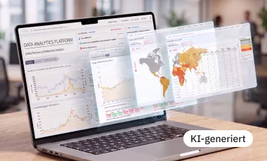 KI-generiertes Bild: Der Preis steht da, die Frage ist, warum: HGS Research auf einem Laptop, Diagramme und Weltkarten zu Marktdaten schweben aus dem Bildschirm.