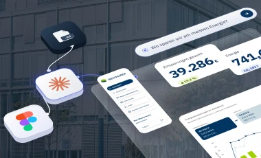 Das Recogizer-Portal: Einsparungen in Euro, CO₂ und Energie für das „Musterobjekt Zentrale“, verbunden mit Figma- und Markdown-Symbolen.