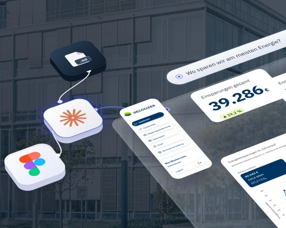 Das Recogizer-Portal: Einsparungen in Euro, CO₂ und Energie für das „Musterobjekt Zentrale“, verbunden mit Figma- und Markdown-Symbolen.