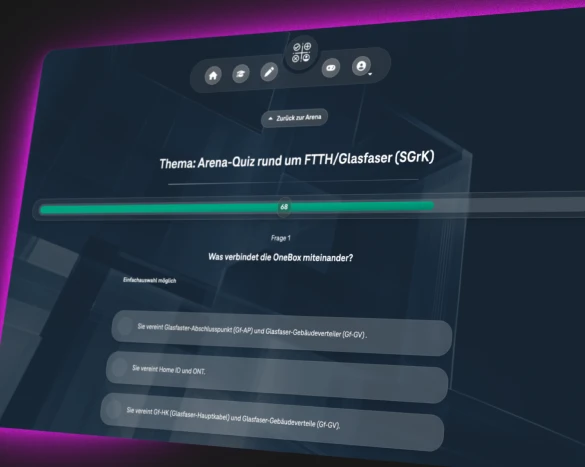 Qualifikation, die sich belegen lässt: ein Arena-Quiz zu Glasfaser in der Lernplattform Wissen@Service auf einem Bildschirm.