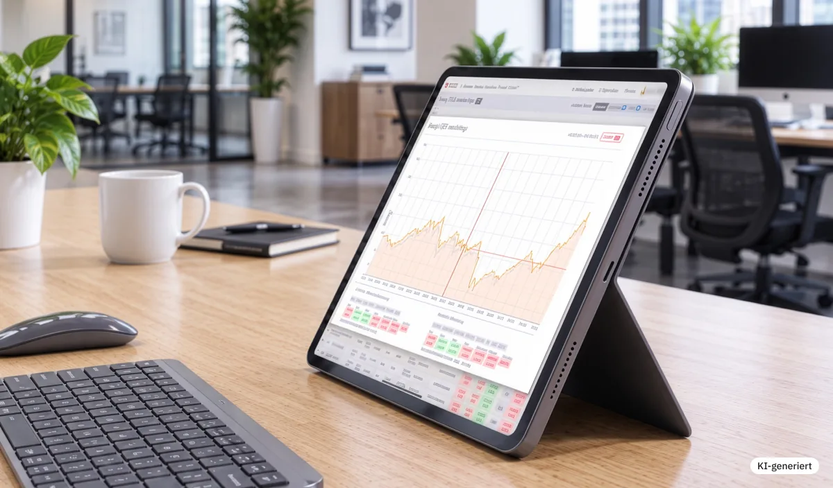 KI-generiertes Bild: Tablet auf einem Schreibtisch im Büro zeigt einen Preischart aus HGS Research mit Marktdatentabellen