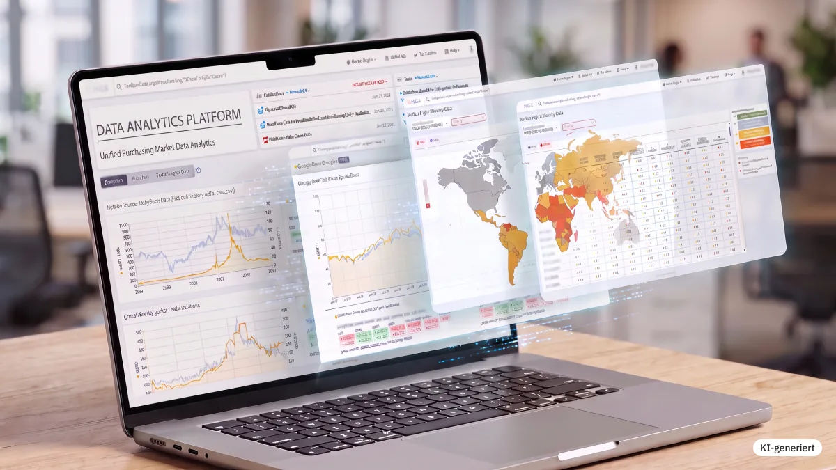 KI-generiertes Bild: Laptop mit der Data Analytics Platform von HGS Research, Diagramme und Weltkarten zu Einkaufsmarktdaten schweben aus dem Bildschirm