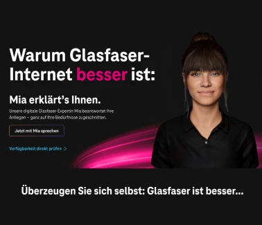 Werbemotiv „Warum Glasfaser-Internet besser ist: Mia erklärt’s Ihnen.“ mit MIA als digitaler Glasfaser-Expertin