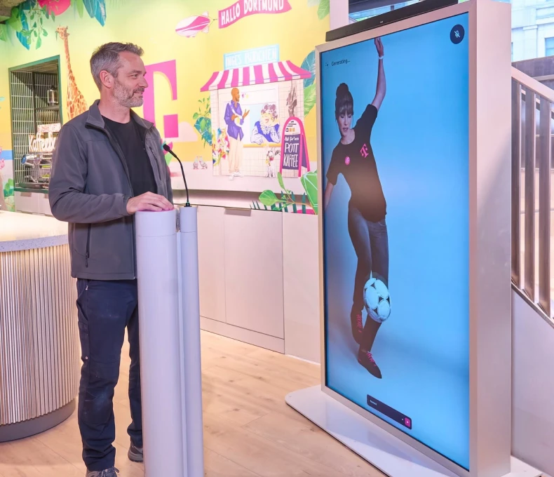 Mann am Mikrofon-Pult im Telekom-Flagshipstore, daneben MIA mit Fußball auf dem Bildschirm