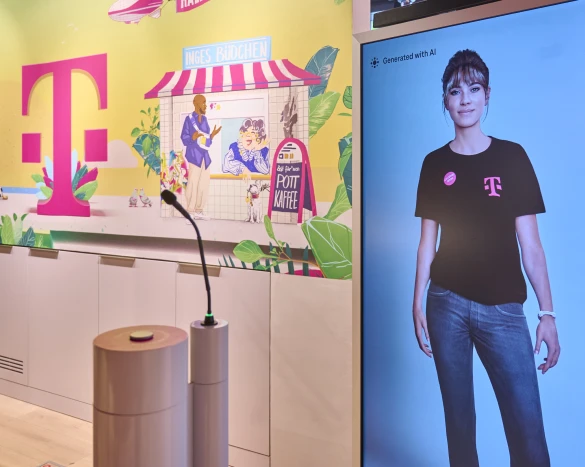 Beratung dort, wo Kund:innen sind: MIA auf einem Bildschirm im Telekom Shop, daneben ein Mikrofon.