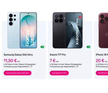 Smartphone-Angebote der Telekom mit Monatsraten: Samsung Galaxy S26 Ultra, Xiaomi 17T Pro und ein iPhone