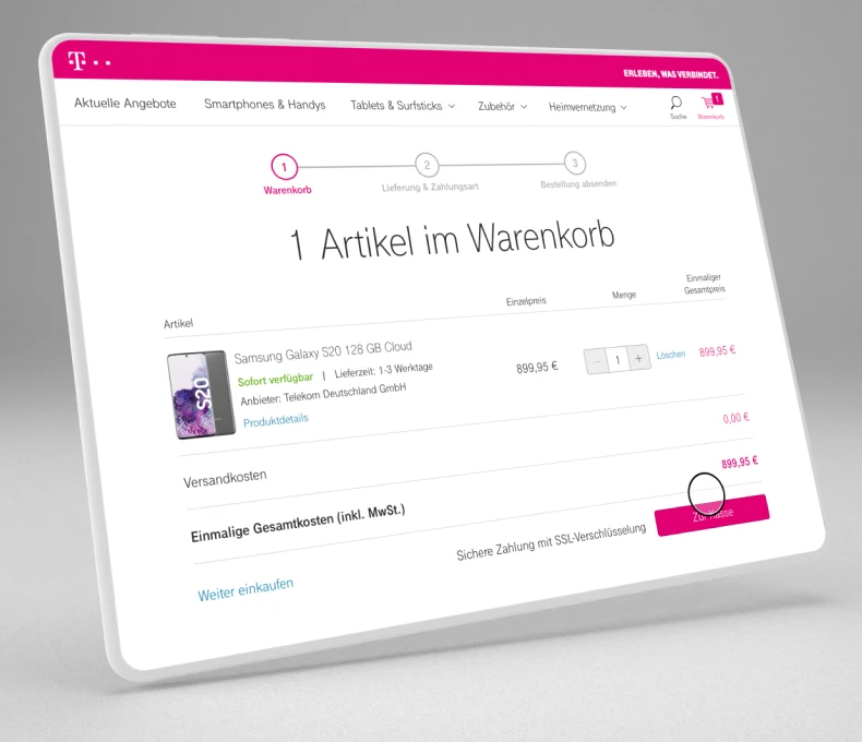 Tablet mit dem Warenkorb des Telekom-Shops: ein Samsung Galaxy S20, Versandkosten, Gesamtkosten und der Button zur Kasse