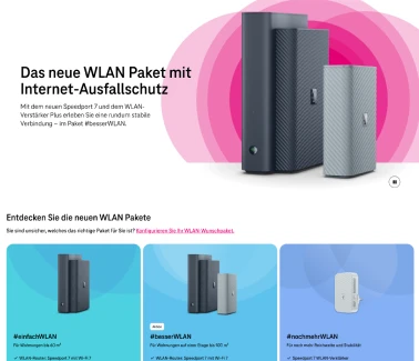 Telekom-Seite „Das neue WLAN Paket mit Internet-Ausfallschutz“ mit Speedport-Routern und drei WLAN-Paketen zur Auswahl