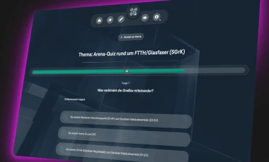 Qualifikation, die sich belegen lässt: ein Arena-Quiz zu Glasfaser in der Lernplattform Wissen@Service auf einem Bildschirm.