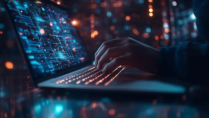 Hände an einer Tastatur im Neonlicht.