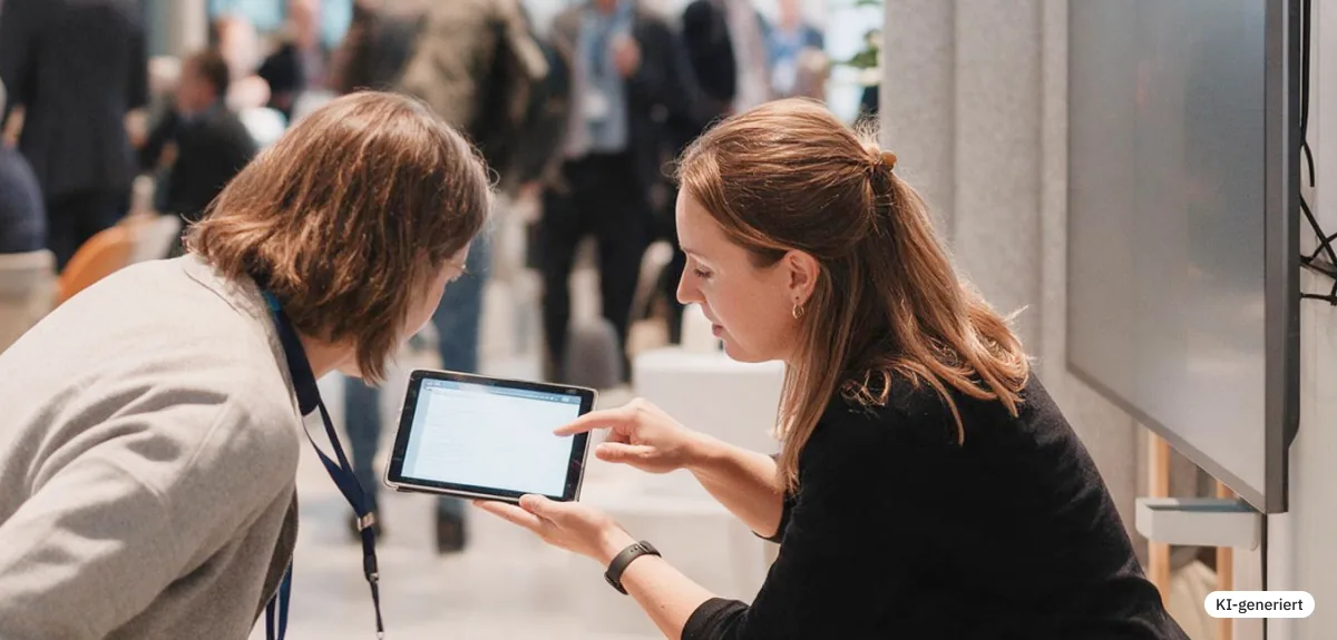 KI-generiertes Bild: zwei Frauen schauen gemeinsam auf ein Tablet.