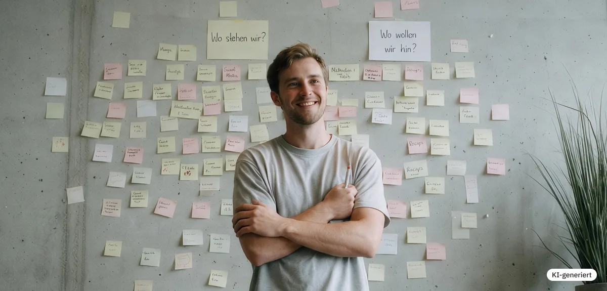 KI-generiertes Bild: ein lächelnder Mann steht mit verschränkten Armen vor einer Wand voller Haftnotizen.